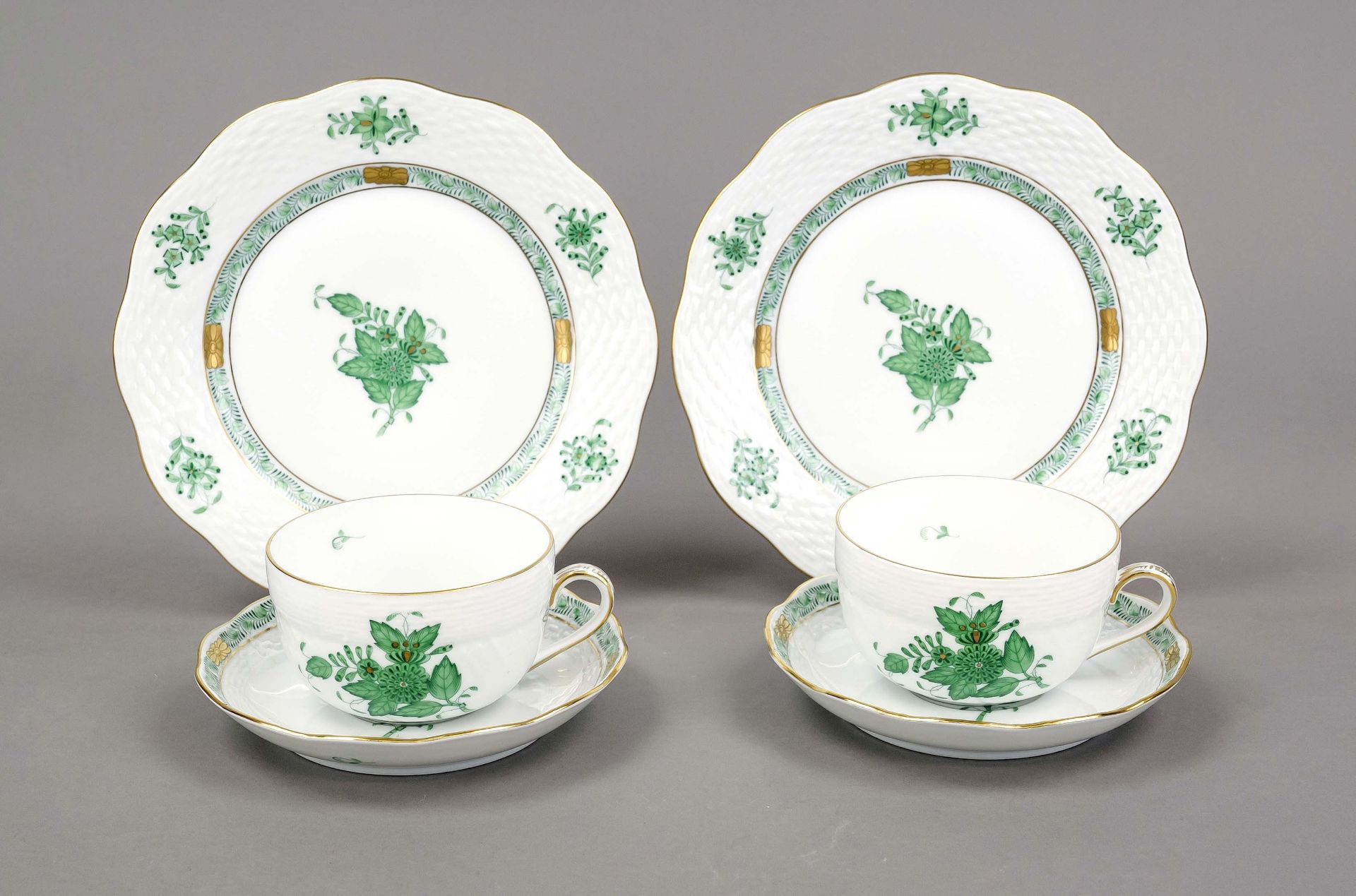 Two tea sets, 6-piece, Herend, mark after 1967, Ozier shape, Apponyi decor in green, gilt, 2 teacups