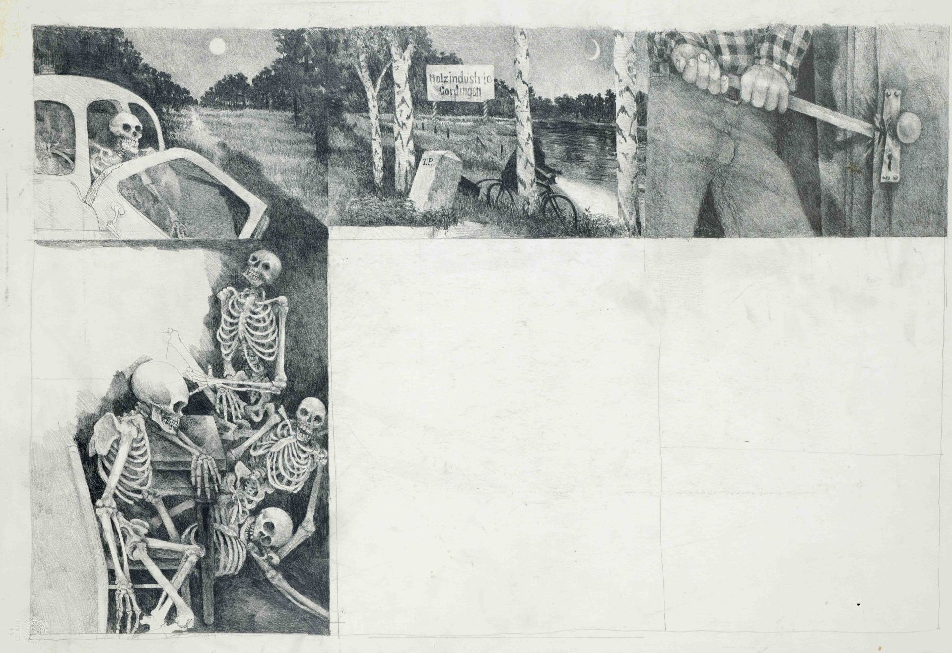 Unknown artist c. 2000, bundle of 7 original drawings with surreal, partly figurative and partly