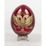 Decorative egg, Russia, red glass with cut decoration, double-headed eagle and monogram, gold