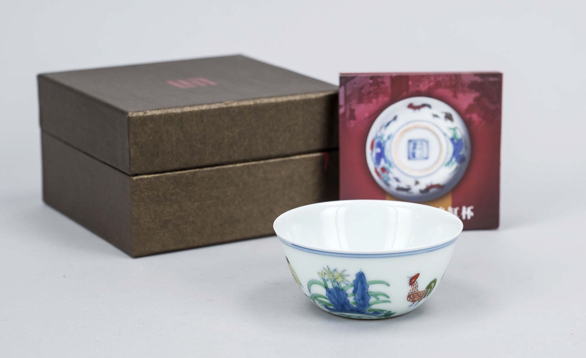 Doucai Chicken Cup (museum replica), China 20th century, in original box with leaflet, dimensions