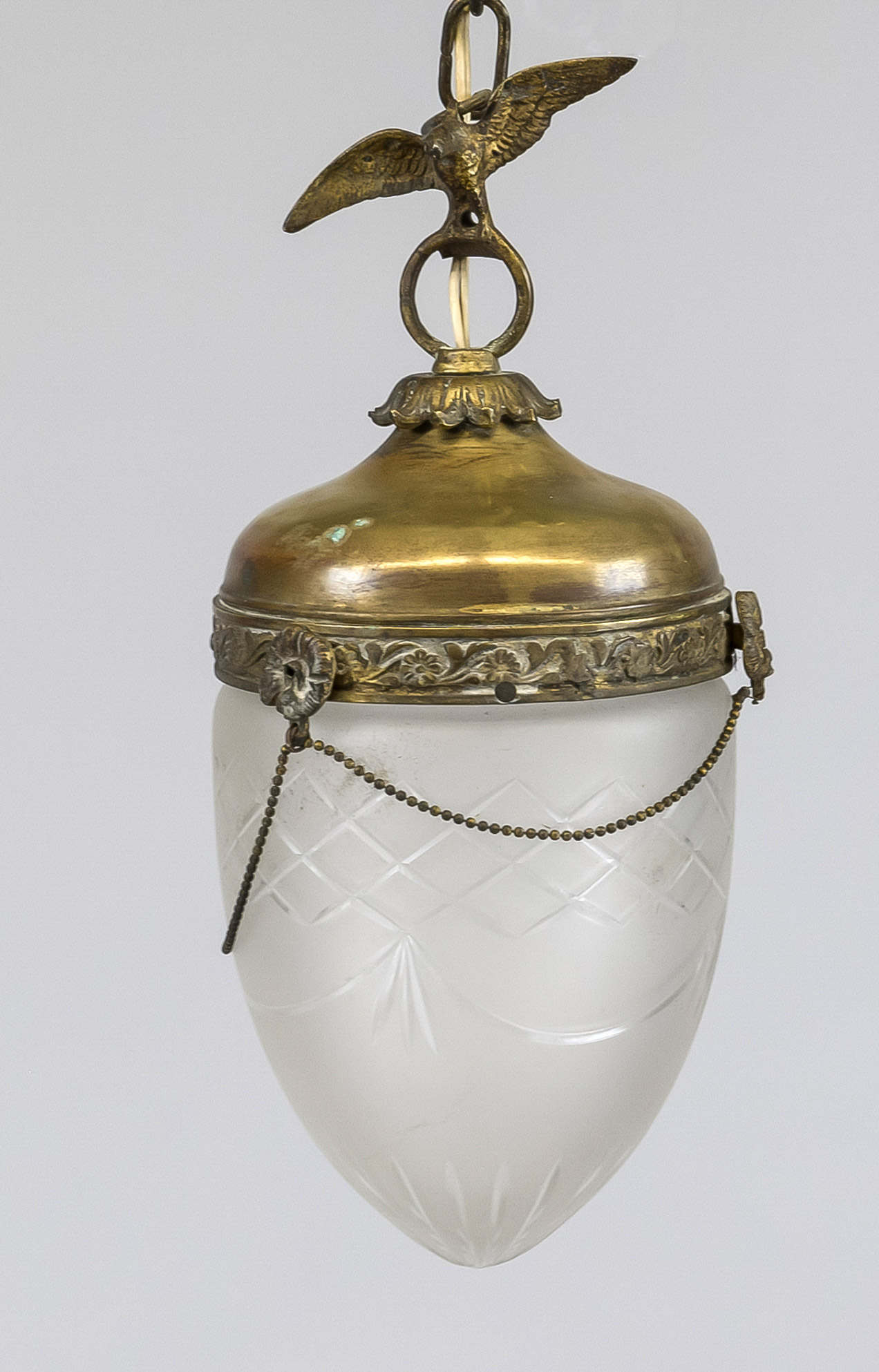 Ceiling lamp, late 19th century, brass frame on chain, etched glass shade with cut decoration, h. (