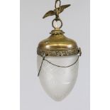 Ceiling lamp, late 19th century, brass frame on chain, etched glass shade with cut decoration, h. (