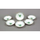 Six cereal bowls, Herend, mark after 1967, Ozier shape, Apponyi decoration in green, gilt, model no.