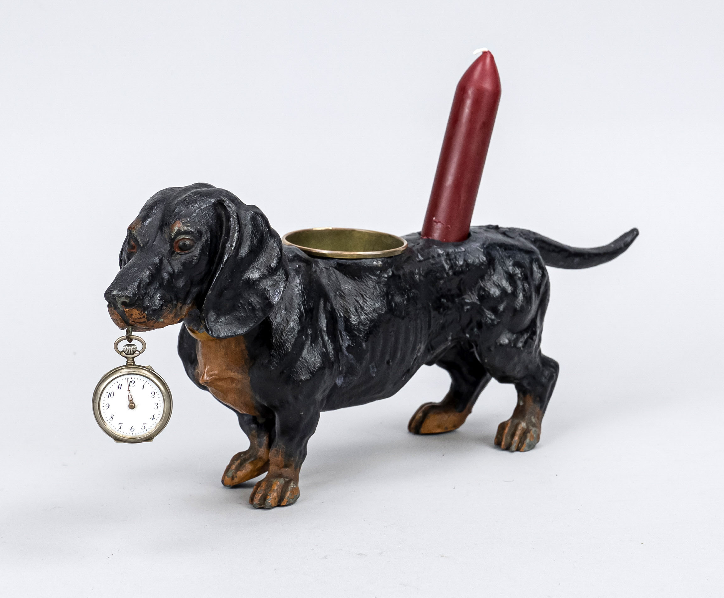 Pocket watch stand dachshund bronzed white cast iron, with candle and cigarette holder, with a