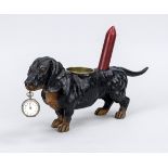 Pocket watch stand dachshund bronzed white cast iron, with candle and cigarette holder, with a