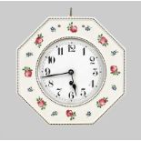 Kitchen clock arrow cross, white ceramic, 1st half 20th century, painted with rose blossoms, domed