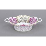 Oval openwork basket, Herend, mark after 1967, of curved form, handles attached to the sides,