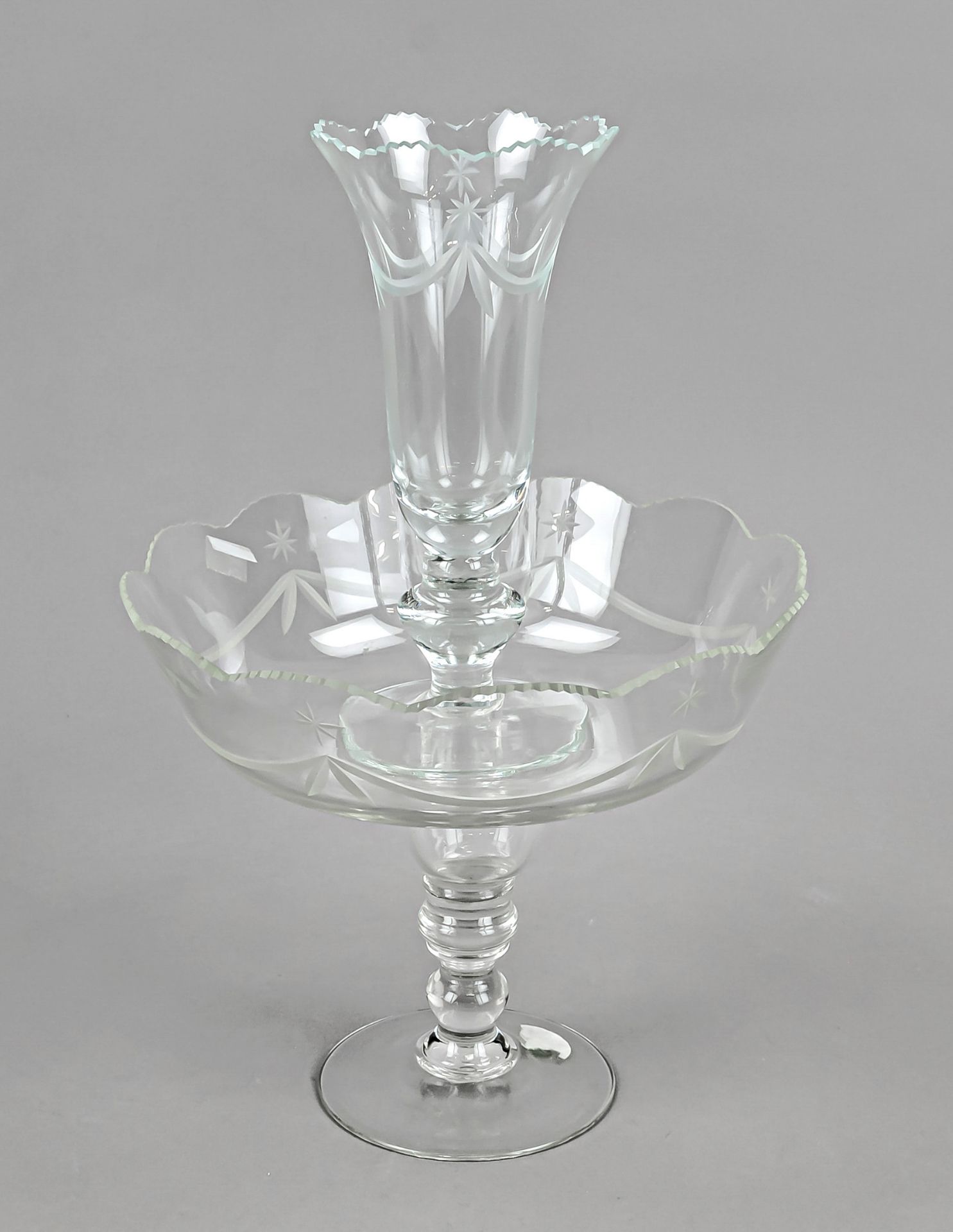 Table decoration, 20th century, footed bowl with inserted vase, clear glass with cut decoration,