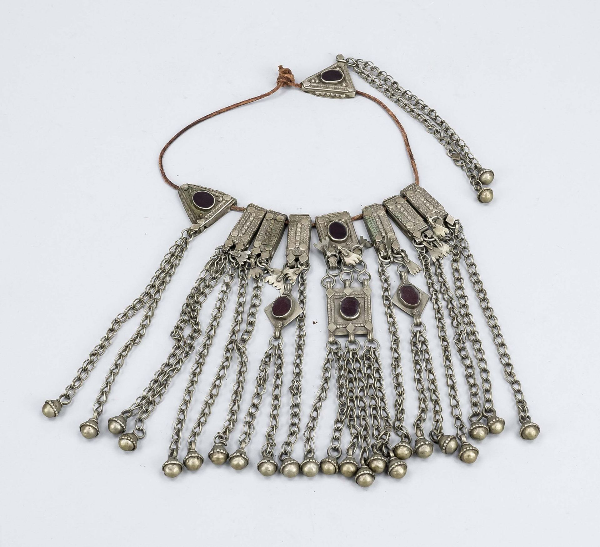 Necklace, probably Yemen c. 1900, white metal (silver underlay?). 9 square or triangular main