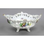 Large ceremonial bowl, Potschappel, Dresden, 20th century, quatrefoil-oval bowl on volute feet,