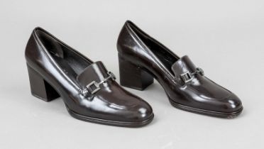 Gucci, ladies business low shoe with wide block heel, dark brown smooth leather, silver-colored