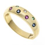 Multicolor ring GG 585/000 with 2 round faceted rubies, sapphires and emeralds 2 - 1.4 mm each and a