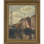 Anonymous artist c. 1920, Harbor view, oil on burlap, unsigned, 60 x 47 cm, framed 77 x 63 cm