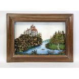 Picture diorama, late 19th century, lake landscape with castle and boat. Various materials painted