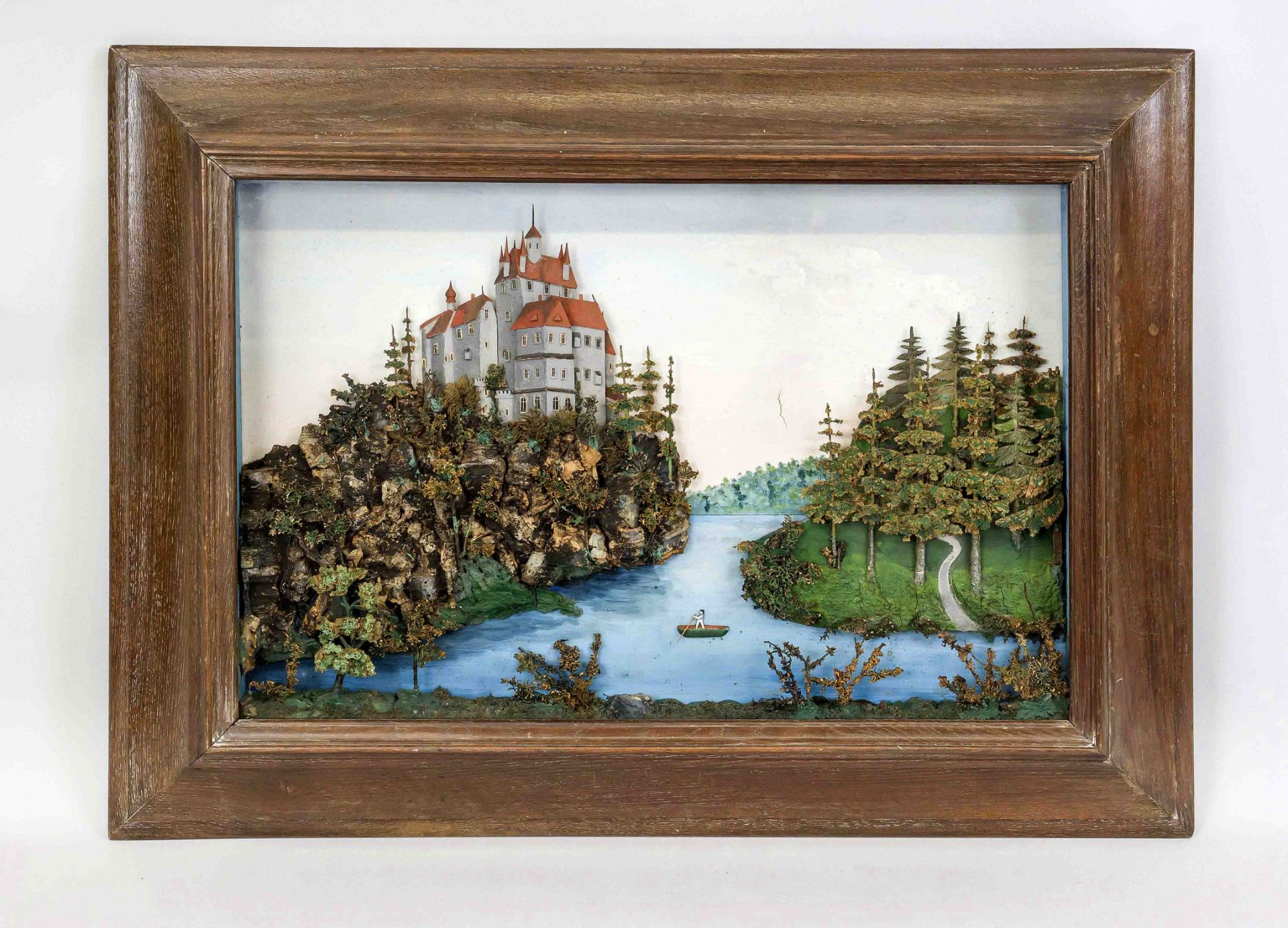 Picture diorama, late 19th century, lake landscape with castle and boat. Various materials painted