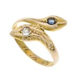 Snake ring GG 585/000 with a round faceted sapphire 2.6 mm blue, translucent, rubbed and an old-