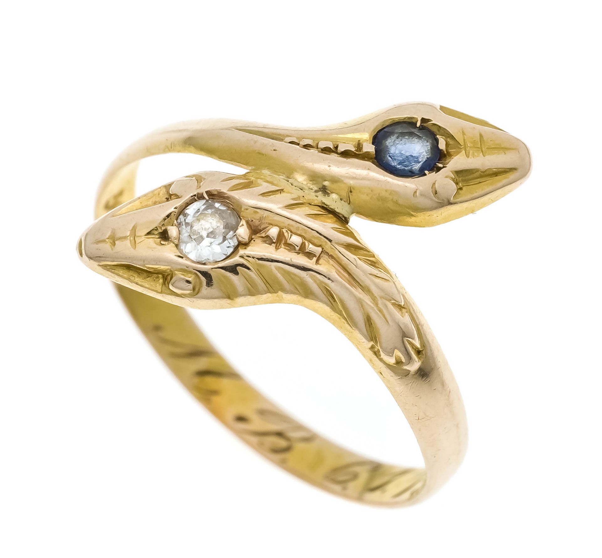 Snake ring GG 585/000 with a round faceted sapphire 2.6 mm blue, translucent, rubbed and an old-