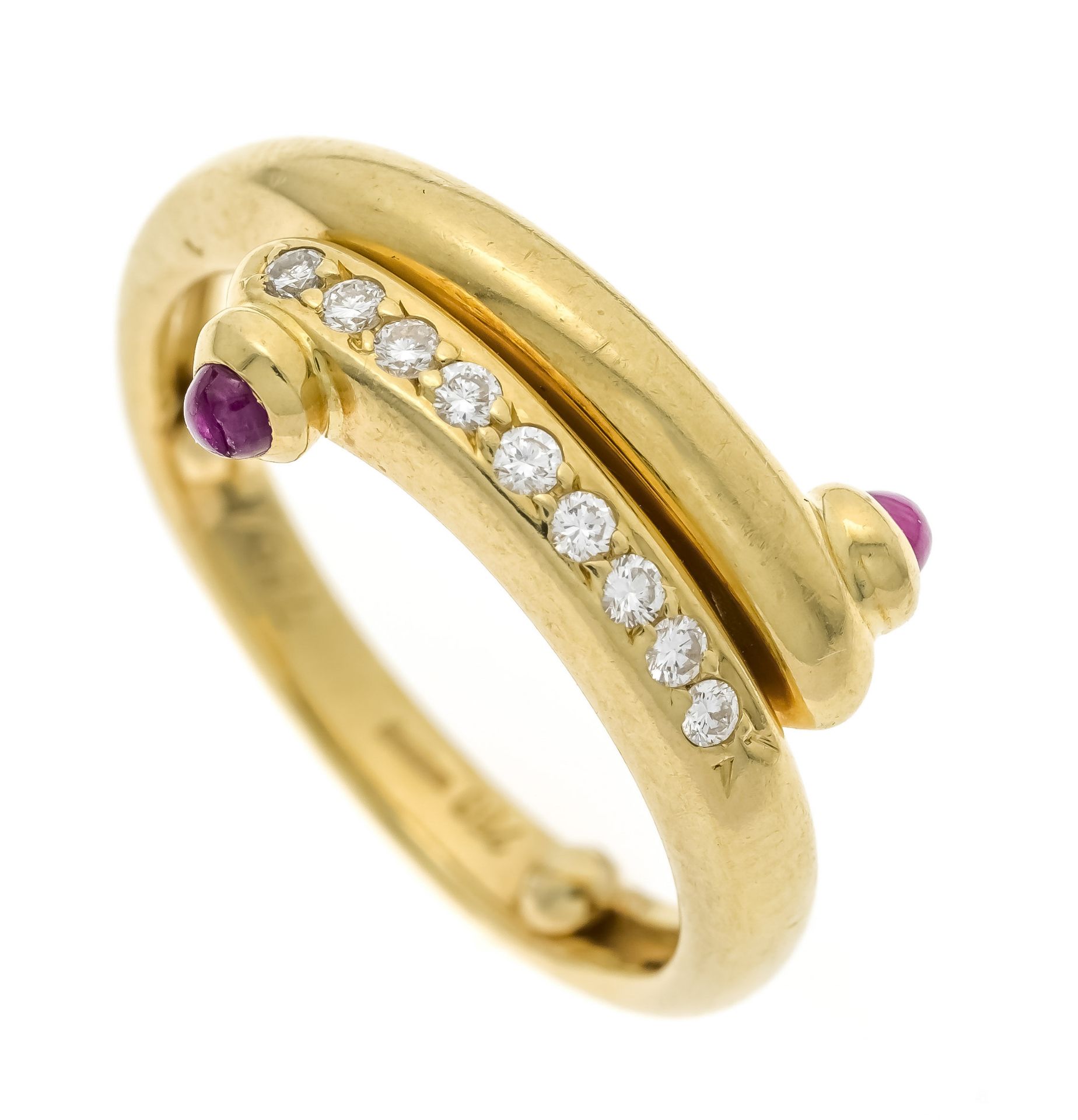 Wempe ruby-brilliant ring GG 750/000 with 2 round ruby cabochons 2.2 mm red, opaque, slightly