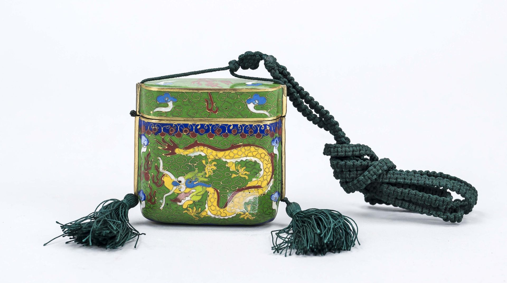 Cloisonné Dragon Inro, China c. 1900, yellow dragon against a green ground, lacing, slightly rubbed,