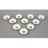 Ten confectionery bowls, Herend, Hungary, 20th century, Ozier shape, Apponyi green decoration,