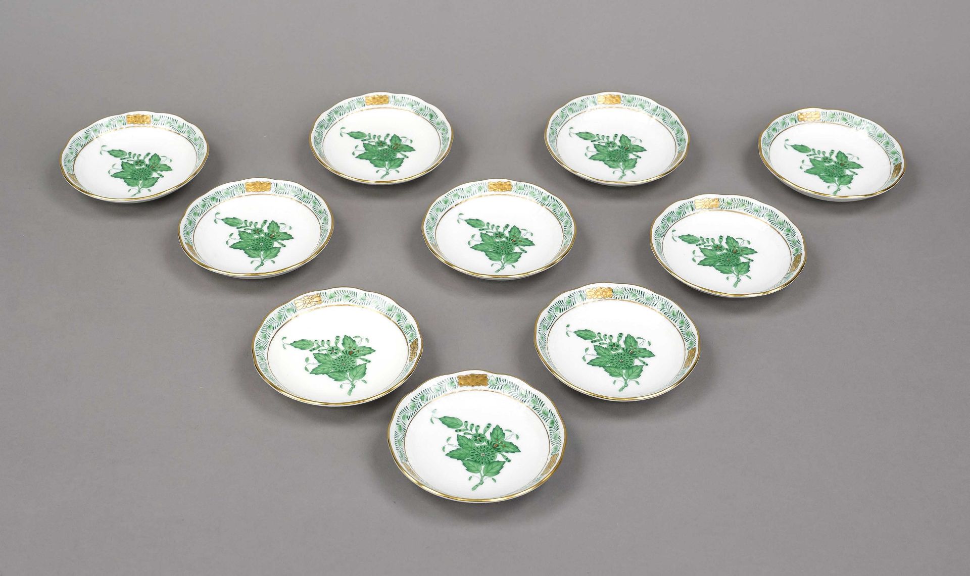 Ten confectionery bowls, Herend, Hungary, 20th century, Ozier shape, Apponyi green decoration,