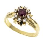 Ruby diamond ring GG 585/000 unmarked, tested, with a round faceted ruby 4.3 mm and 8 octagonal