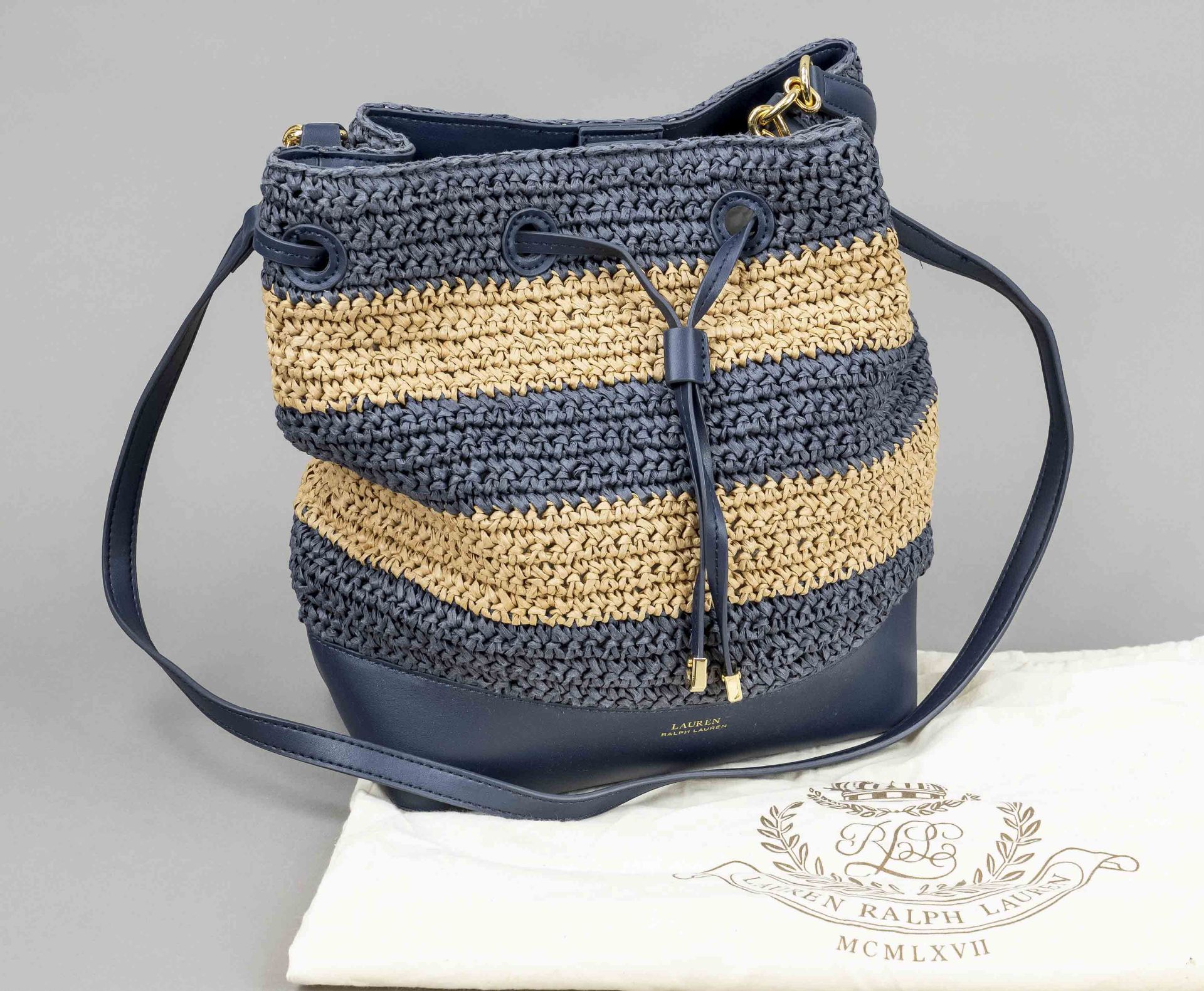 Ralph Lauren, Dryden Debby Straw Drawstring Bag, crocheted straw in beige and dark blue with wide