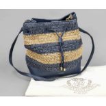 Ralph Lauren, Dryden Debby Straw Drawstring Bag, crocheted straw in beige and dark blue with wide