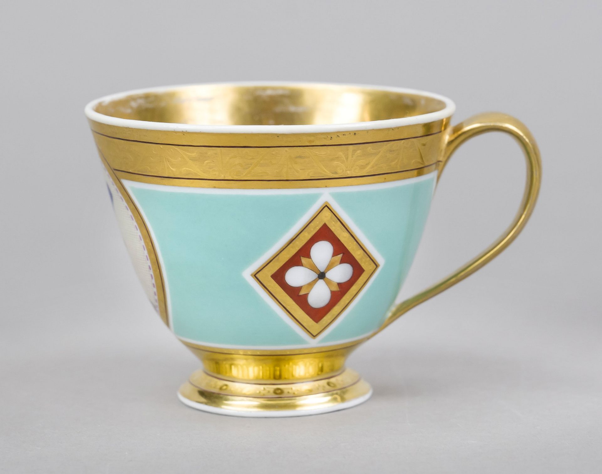 A cup and saucer, KPM Berlin, c. 1800, 1st choice, painter's mark 1803-1813, rare cup form with - Image 4 of 5