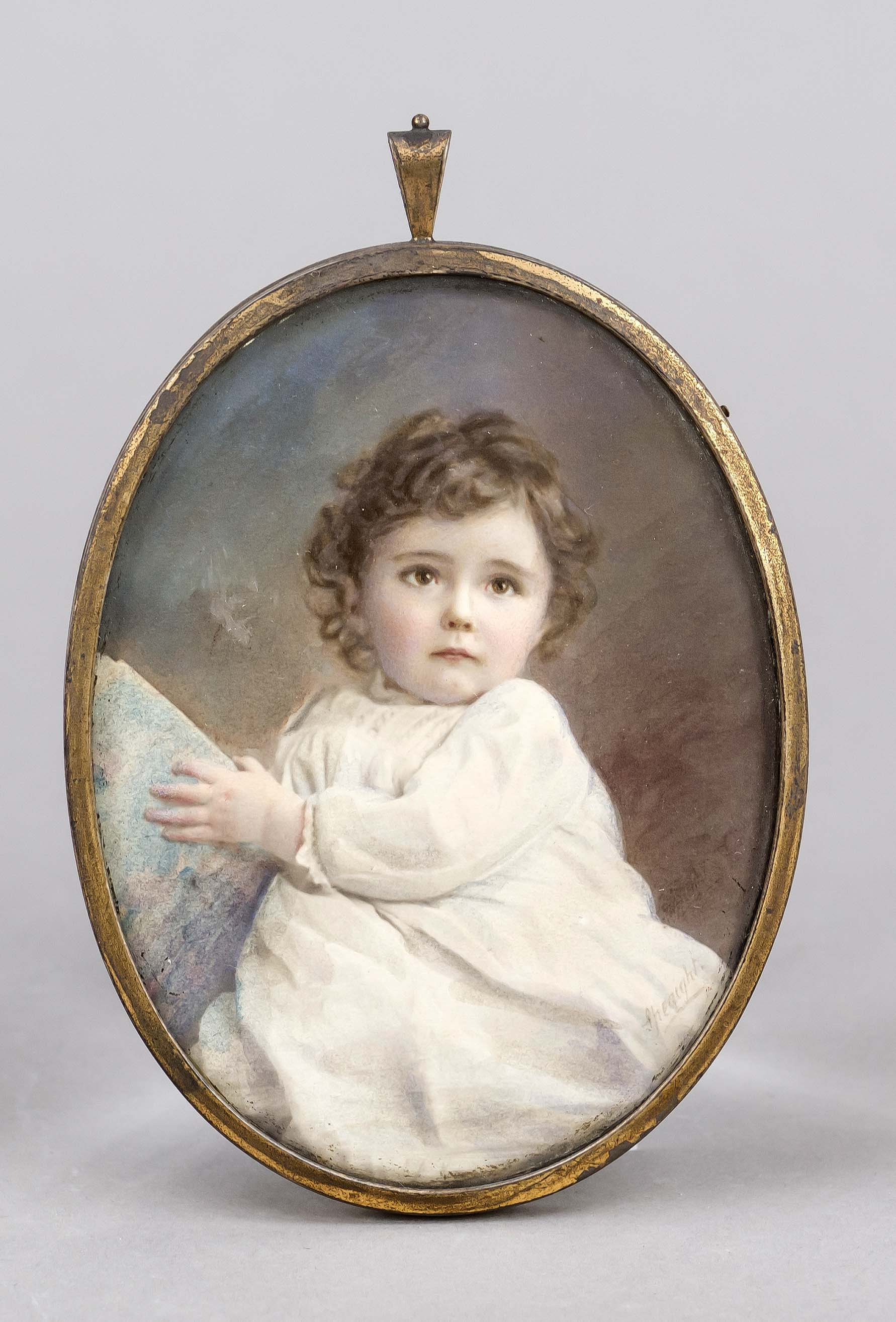 Oval miniature, England, early 20th century, polychrome tempera painting. Toddler in a white dress