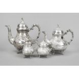 Four-piece coffee and tea pot, German, 20th century, maker's mark OS, silver 800/000, partly gilt