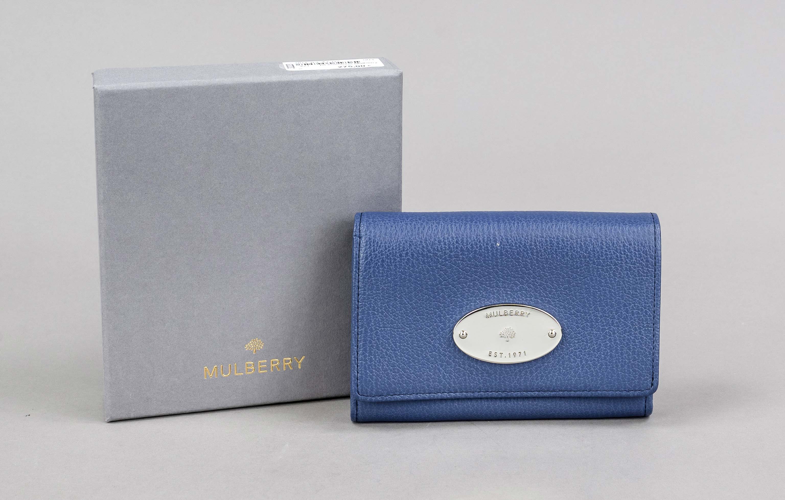 Mulberry, wallet, dark blue grained leather, silver-coloured hardware, large flap with metal logo