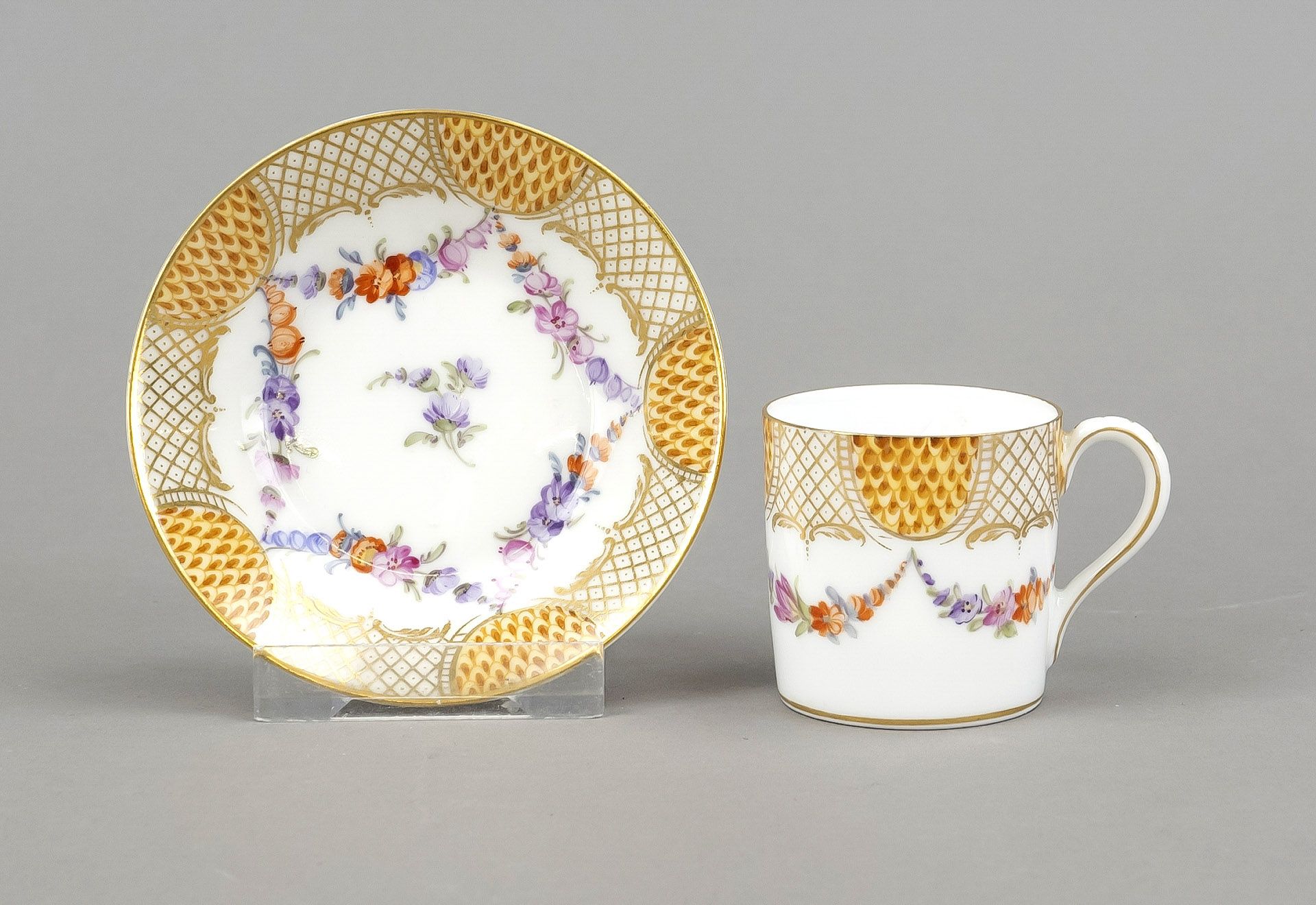 Demitasse cup with saucer, Nymphenburg, 20th century, cylindrical form, polychrome painting with