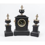 Black marble table clock with 2 side plates, 2nd half 19th century, crowned with a vase, gilded