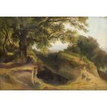 Monogrammist E.M., mid-19th century, landscape study with cave entrance in Ariccia near Rome, oil on