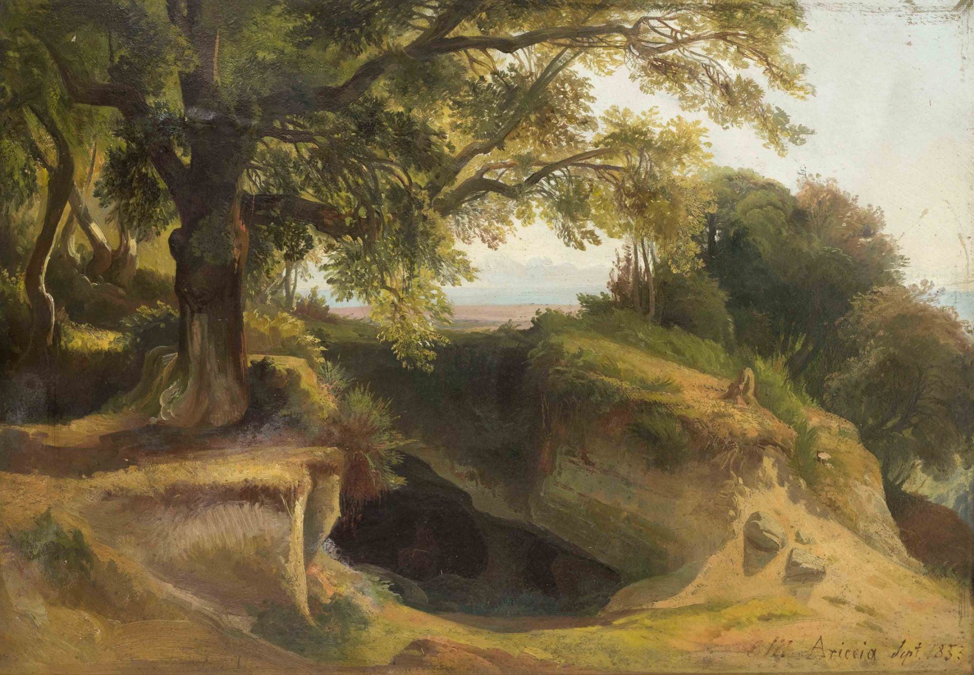 Monogrammist E.M., mid-19th century, landscape study with cave entrance in Ariccia near Rome, oil on