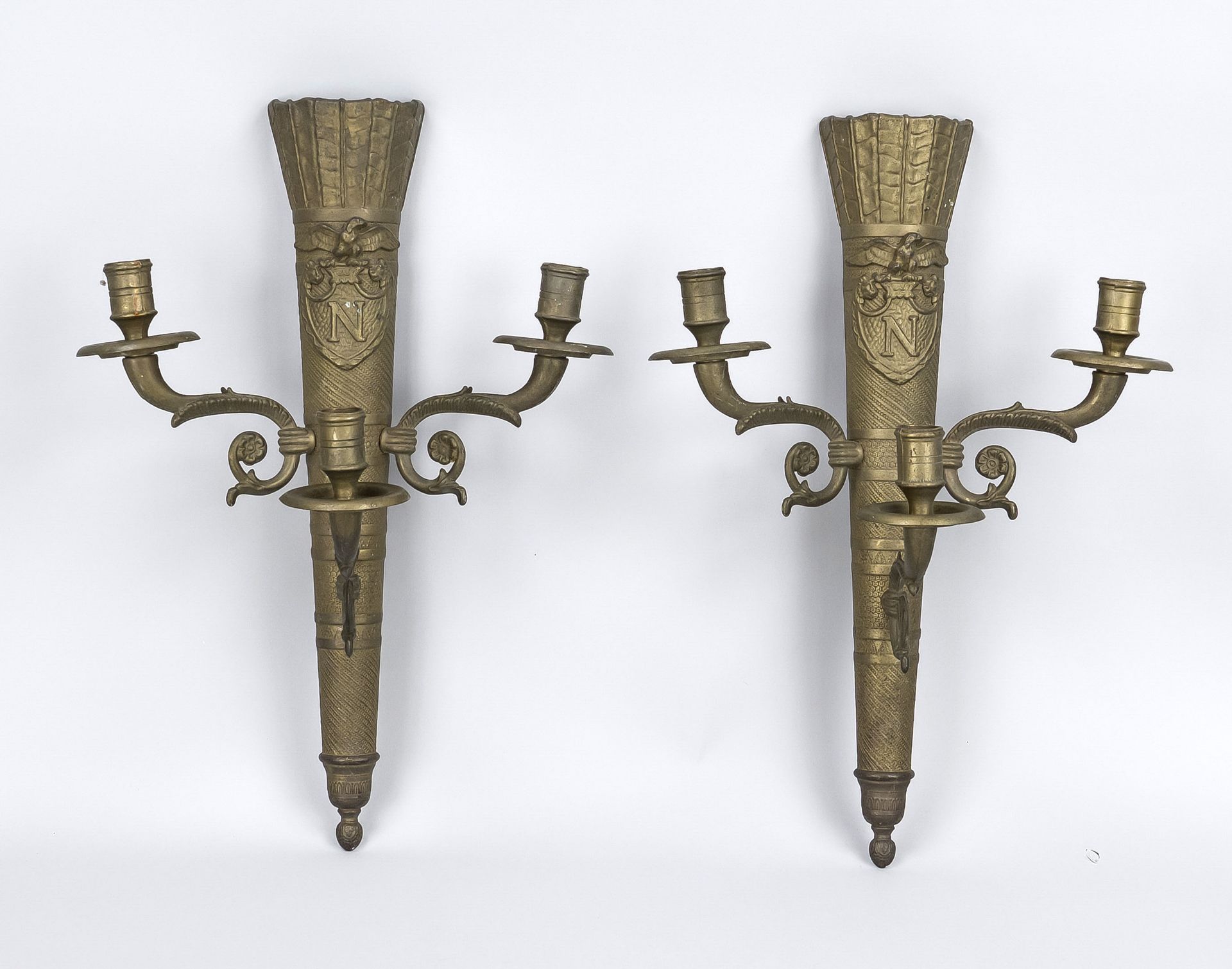 Pair of Napoleon torch lamps, 20th century, bronze, three candle holders, applied Napoleon coat of