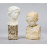 2 alabaster busts from around 1900, head of a woman, signed ''R. Renger'', on marble base, and