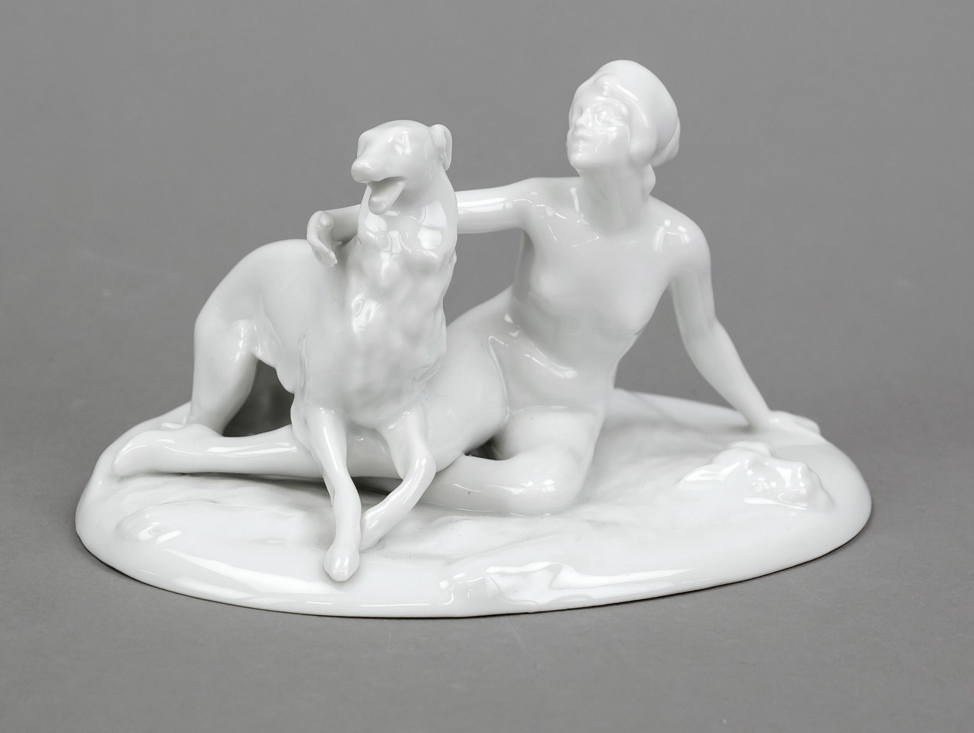 Art Deco figurine 'Nude with Borzoi', Heubach, Lichte, mark 1909-45, with addition ''Modell