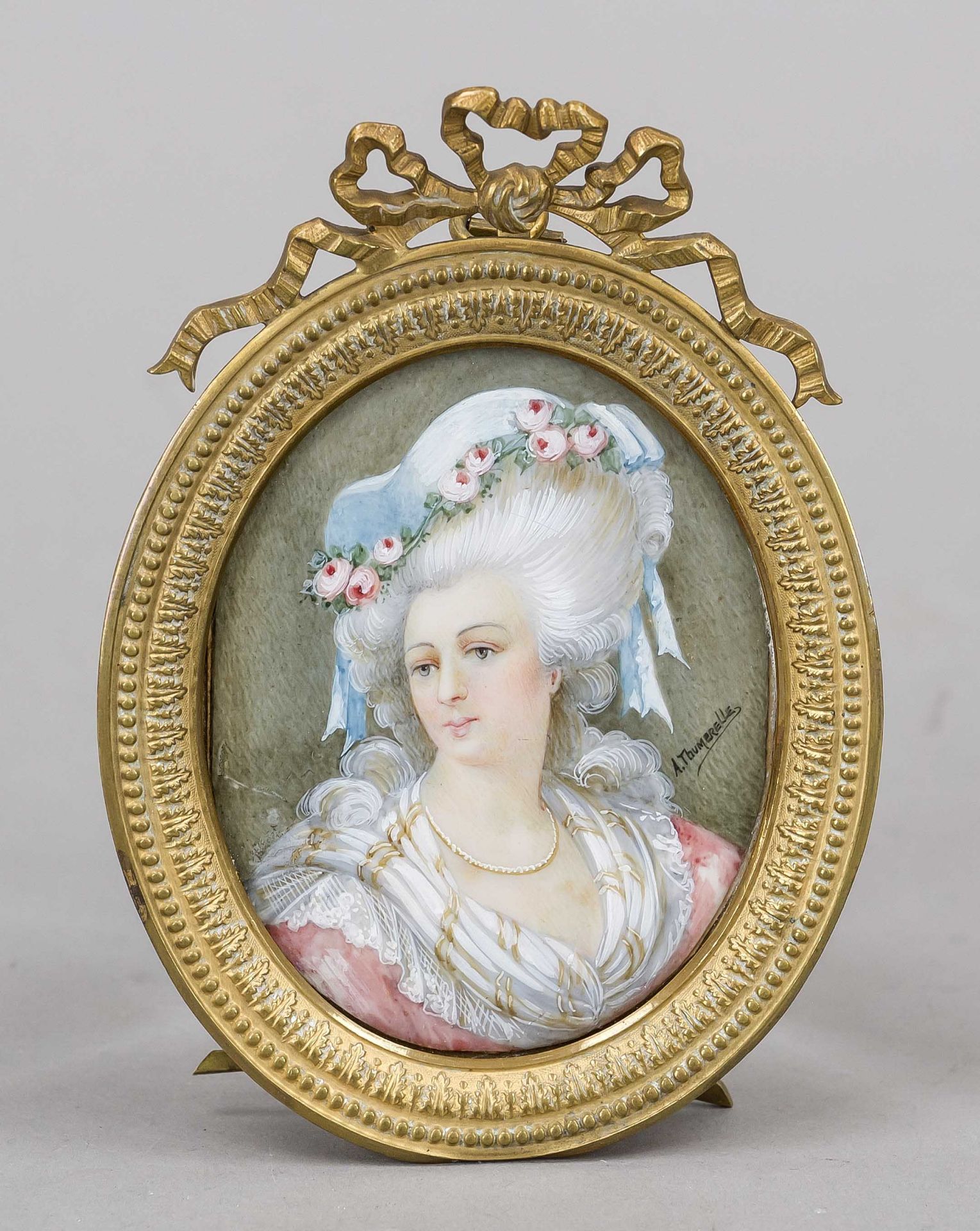 Miniature, France, 19th century, polychrome tempera painting on bone plate, unopened, oval