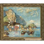 Unidentified artist c. 1910, Dalmatian coastal town in summer, oil on canvas, indistinctly signed H.