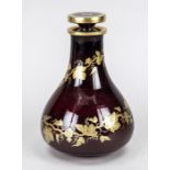 Carafe, 20th century, round base, drop-shaped body, flat stopper, etched red with gold staffage,