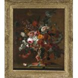 Dutch flower painter c. 1700, a large floral arrangement in a shell above a figurative coral-colored