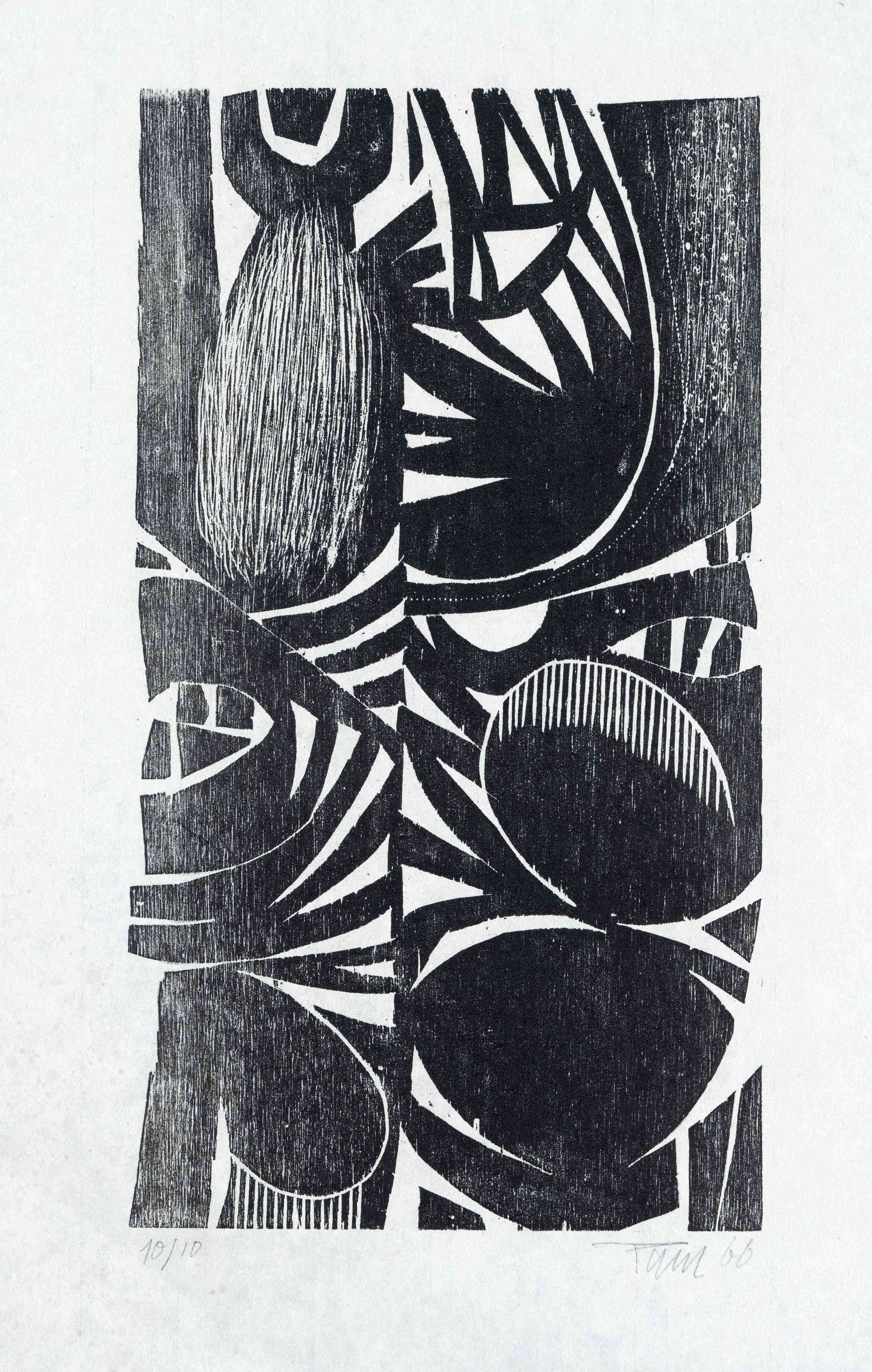 Unknown artist of the 1960s, abstract woodcut, indistinctly signed and dated 1966 lower right,