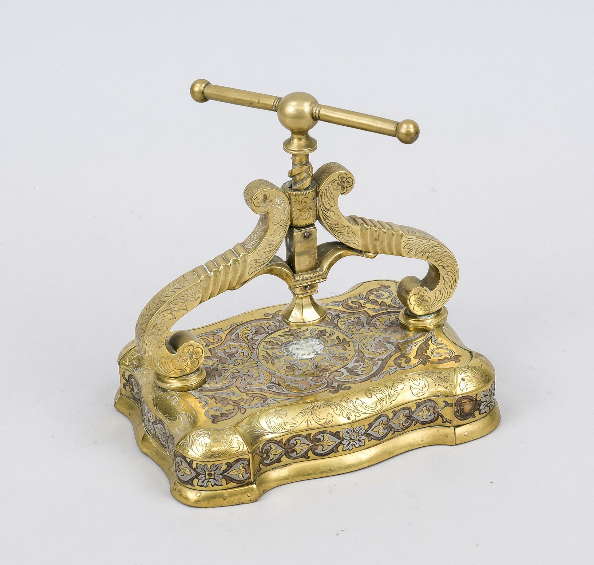 Decorative card press, 19th century, brass partly engraved, sheet brass partly pierced and metal (