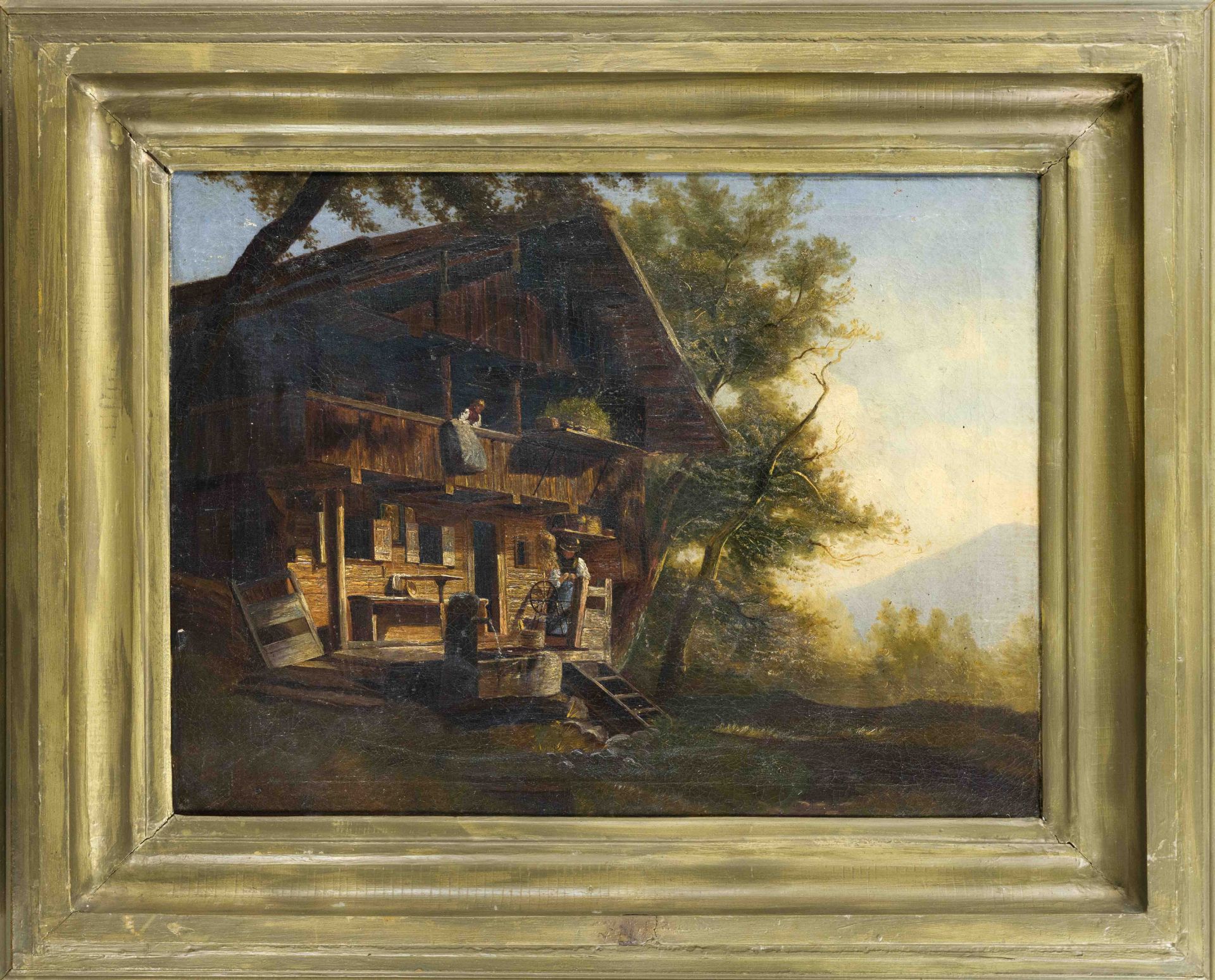 Unidentified Munich artist 2nd half 19th century, idyllic life on a mountain farm with figural