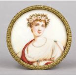 Miniature, 19th century, polychrome tempera painting on bone plate, unopened, round bust portrait of