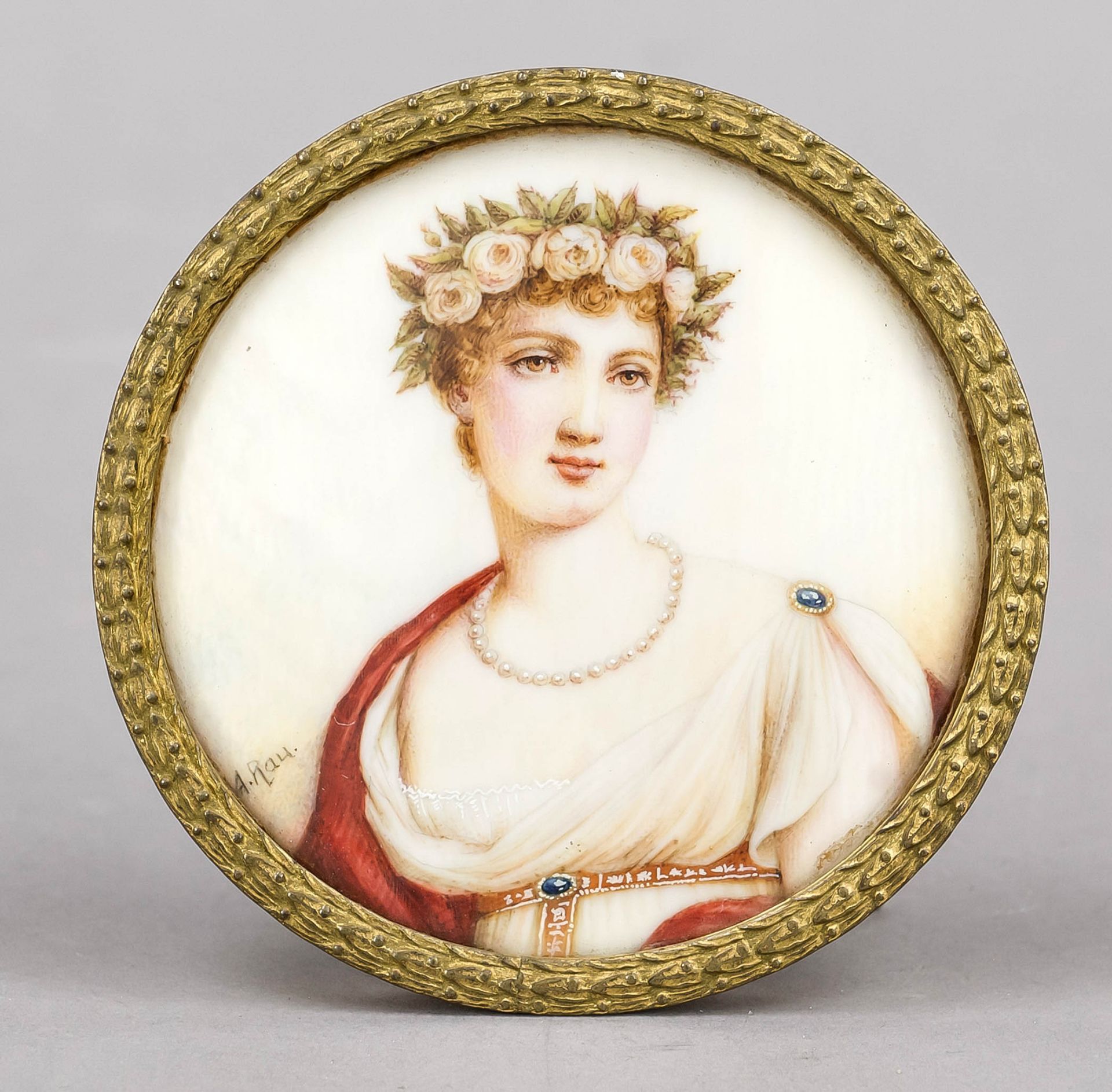 Miniature, 19th century, polychrome tempera painting on bone plate, unopened, round bust portrait of