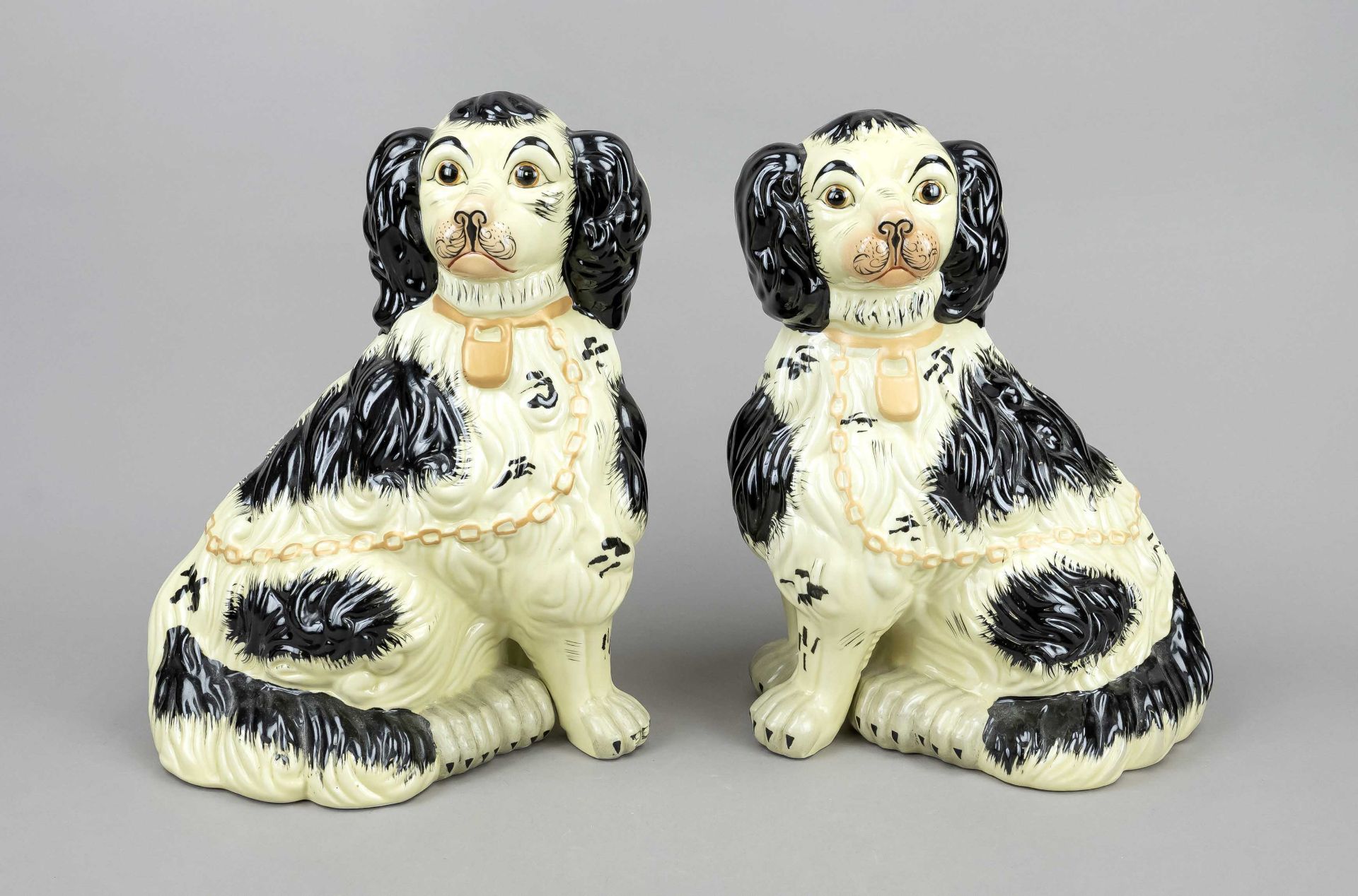 Pair of captain's dogs, England, 19th century, two sitting spaniel dogs, ceramic, lightly painted in