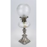 Kerosene lamp, 19th century, silver base in relief, cut glass vessel, etched spherical shade, h.
